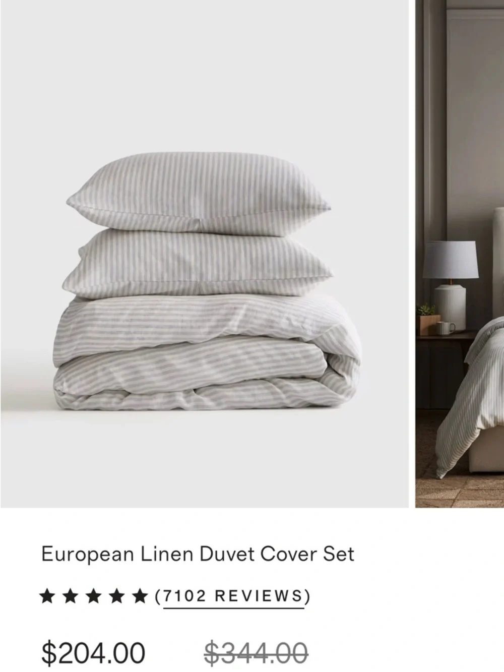 NWOT QUINCE European Linen Duvet Cover Set Mist Stripe Full/Queen 3 Piece - Picture 3 of 7
